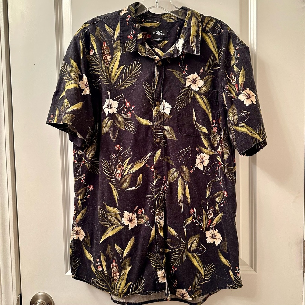 O’Neill men’s button down washed out untucked shirt skeletons flowers size large